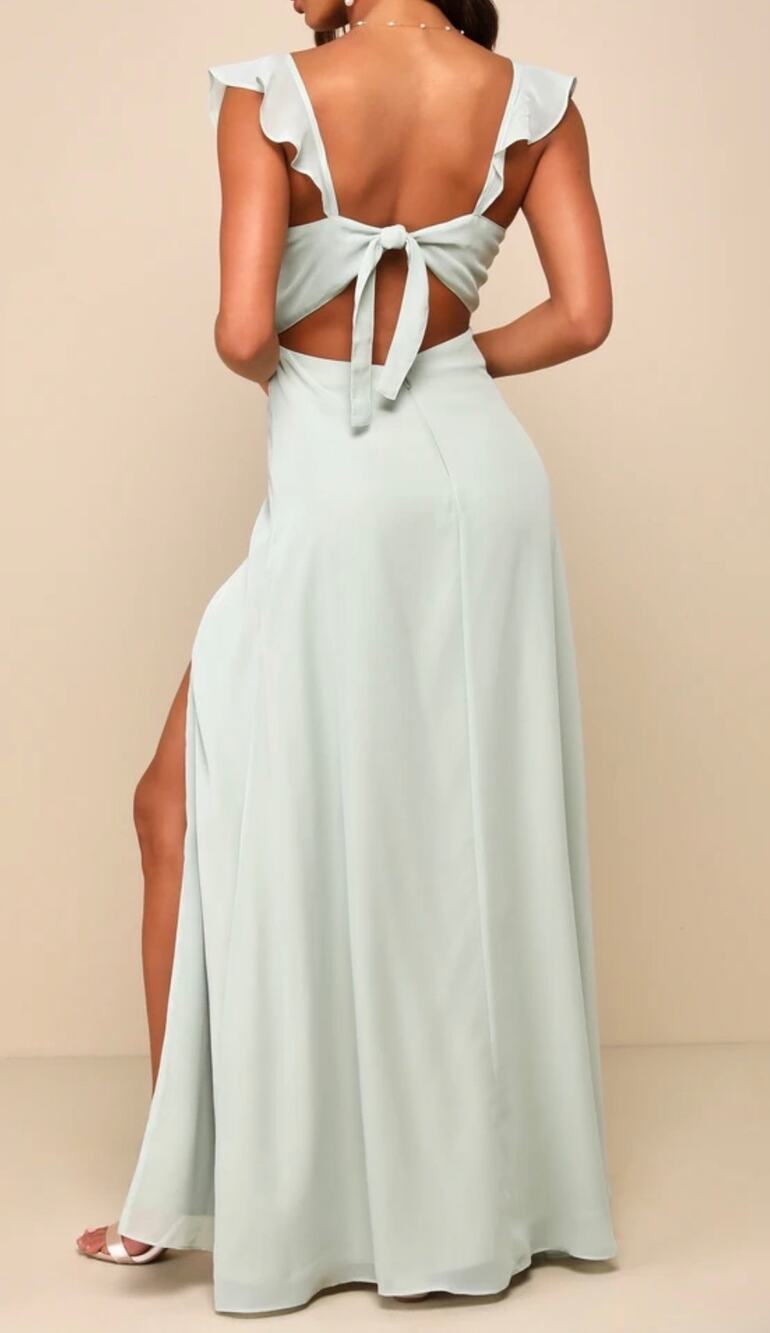 Lulus sage mint green formal bridesmaid ruffle dress tie back Maxi front slit S